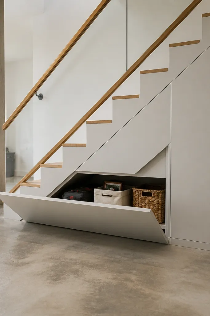 Wood stair railing with a small storage nook panel under the handrail