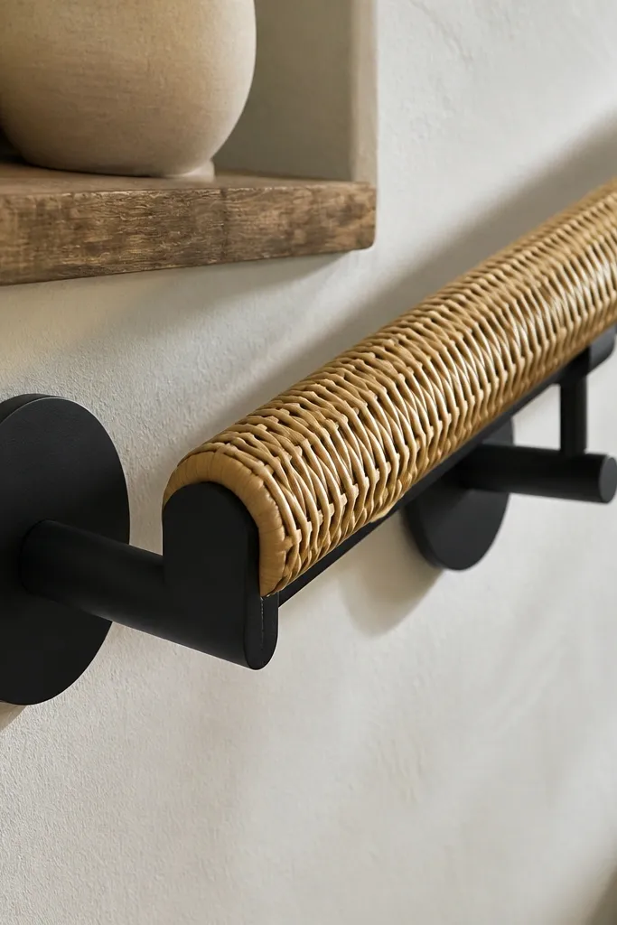 Matte black wall mounts holding a rattan-wrapped wood handrail