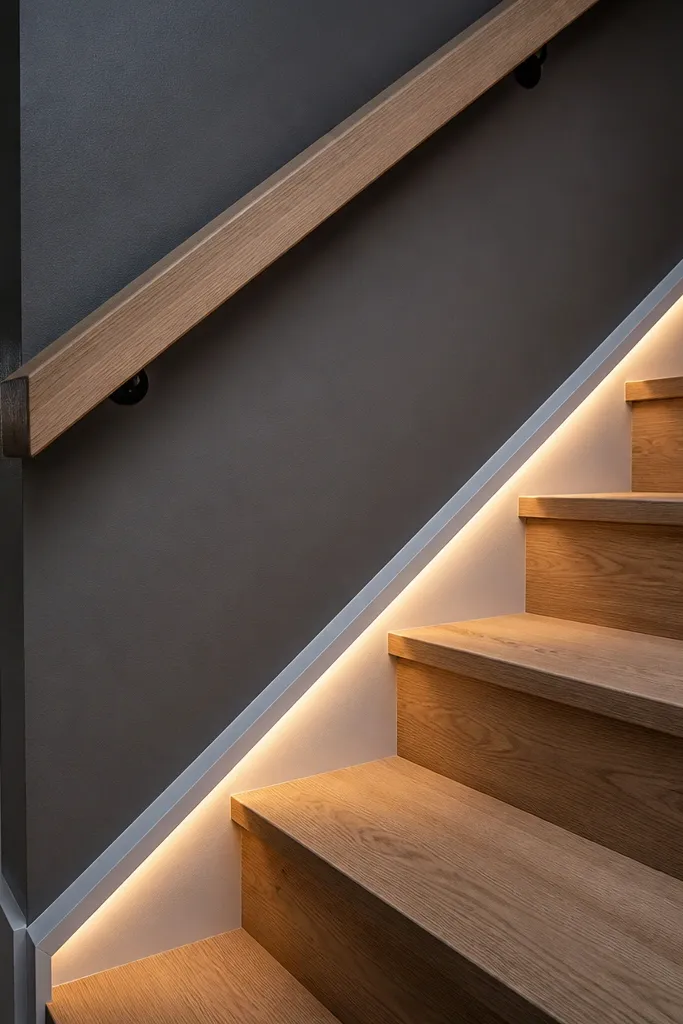 White oak top rail with a recessed LED strip under the handrail line