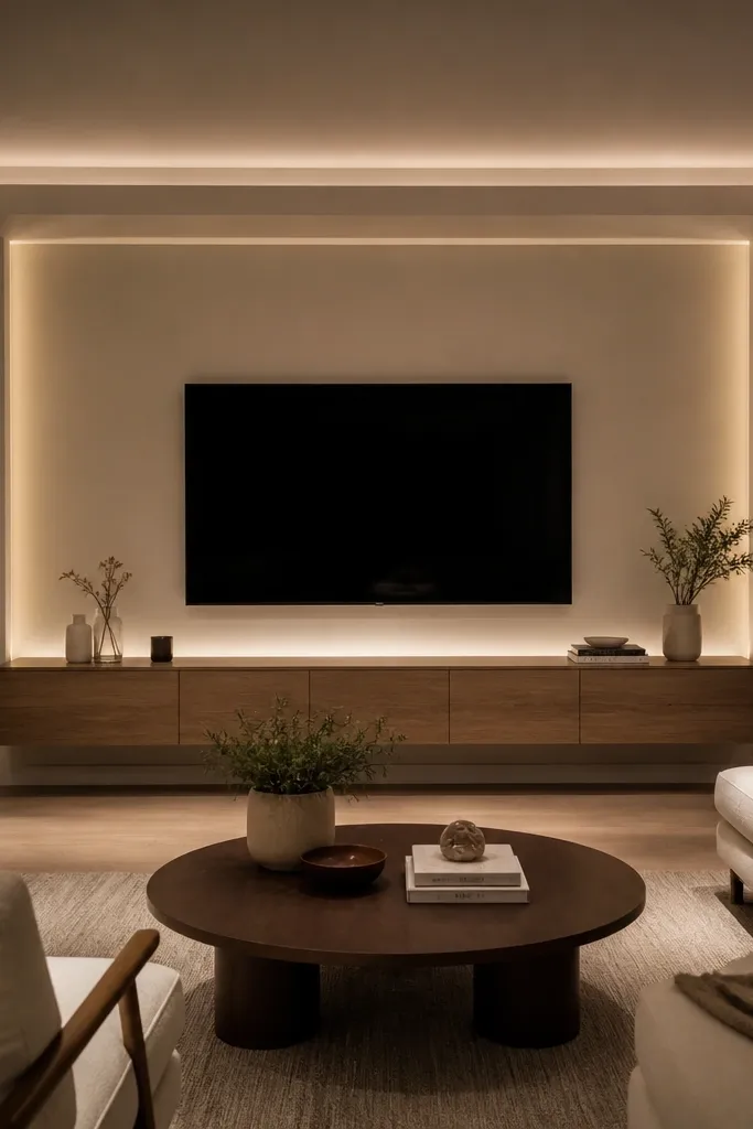 White tray ceiling centered above the TV wall with a gentle LED glow edge