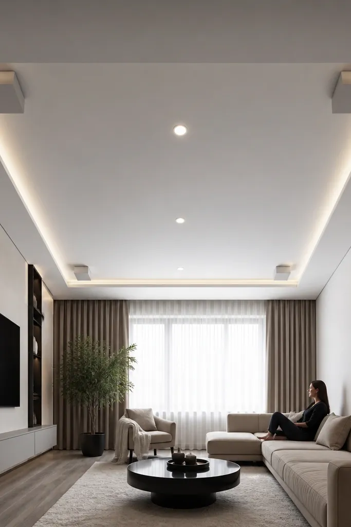 Living room ceiling with a white border drop and four small corner boxes