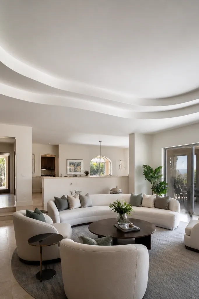 White ceiling border with two smooth wave lines and hidden LED glow