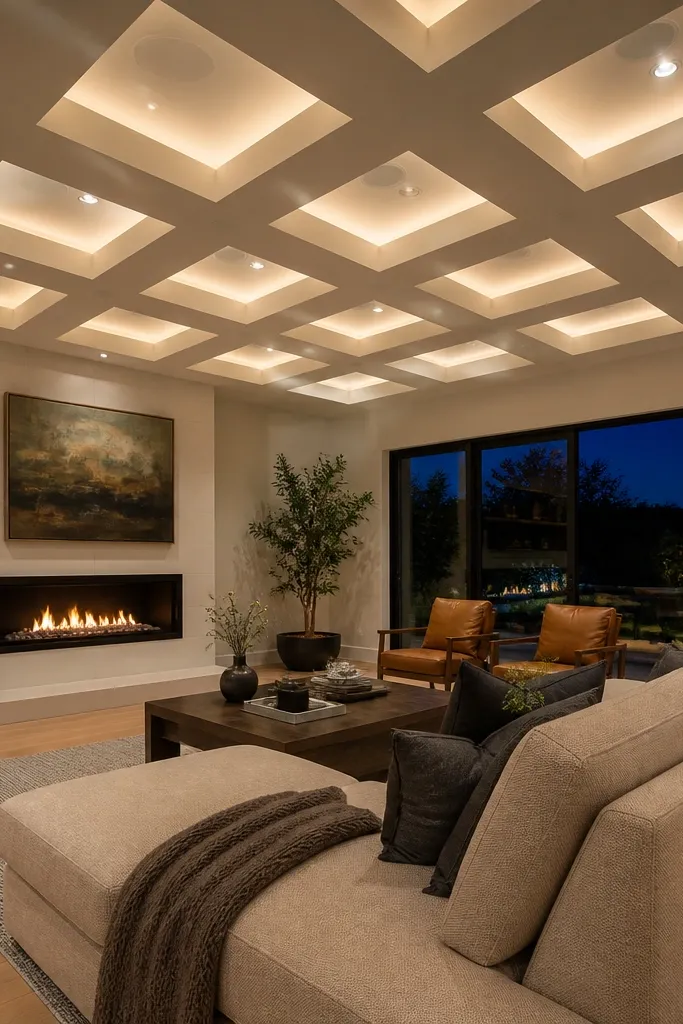 Ceiling with a white grid and evenly spaced square recessed panels