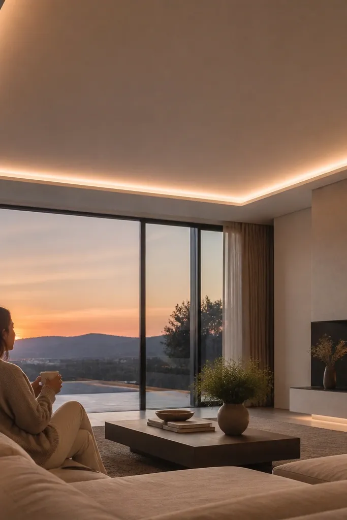 Low-profile tray ceiling with thin LED lines outlining the tray