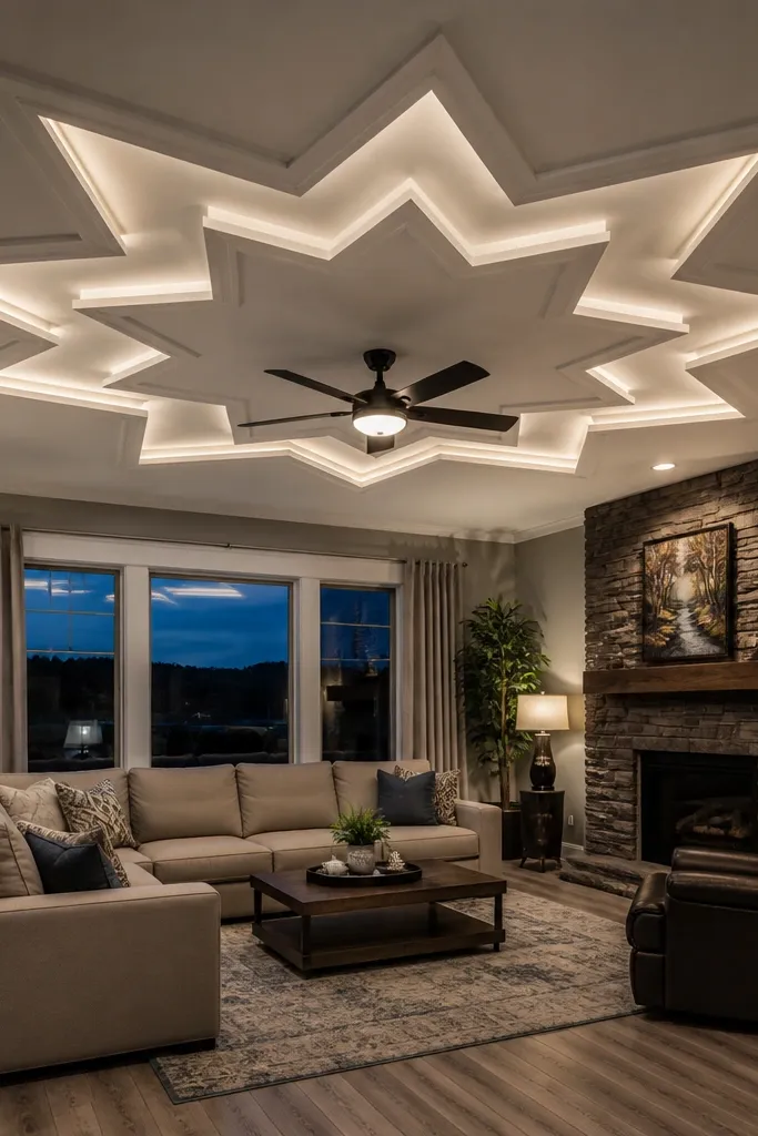 Ceiling center design with a simple starburst pattern and soft lighting