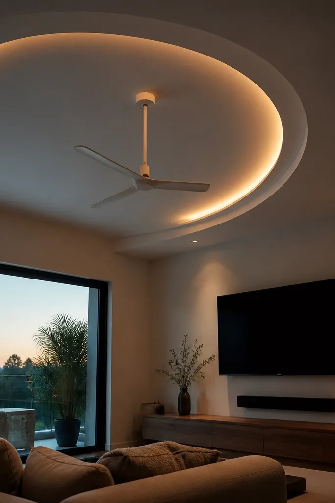 White ceiling with a half-moon cove around the center light