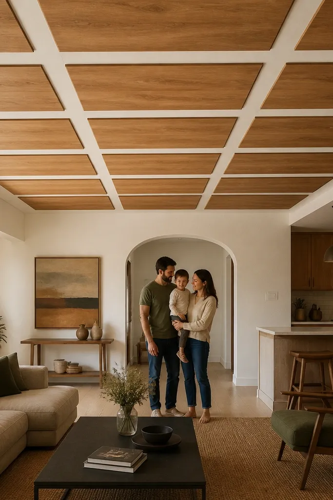 White ceiling with rectangular wood-look panels and subtle LED glow lines