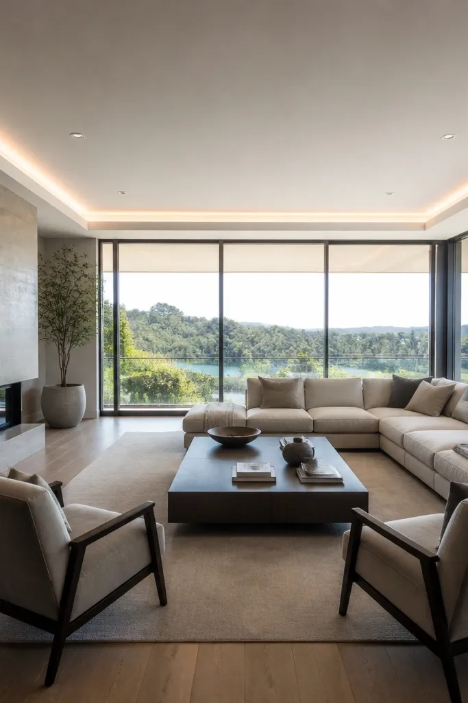 Ceiling with a floating border frame and recessed LED gap along the inside edge