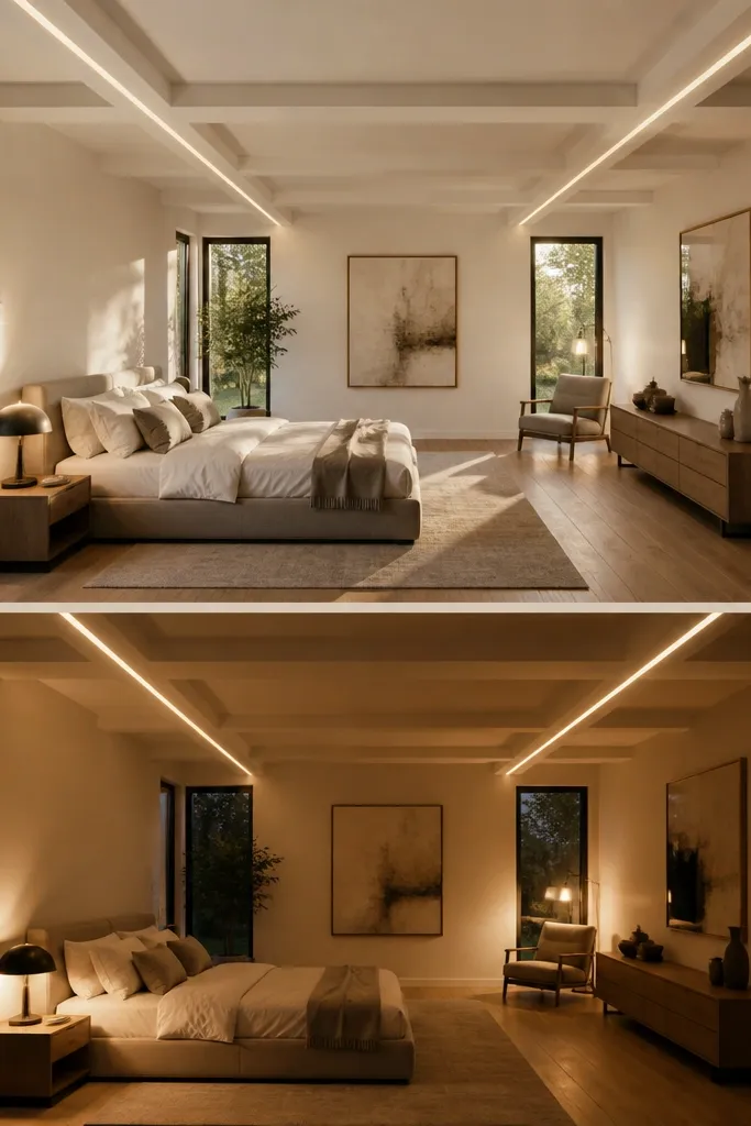 Ceiling with cross beams and two parallel LED channels running across