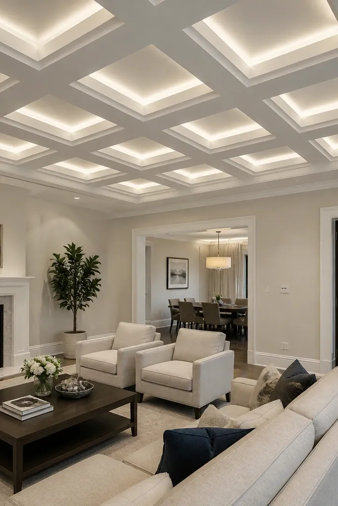 White coffered ceiling with square recesses and light glowing from corners