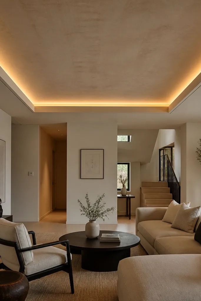 Ceiling with inset border and small floating ledges around the edges