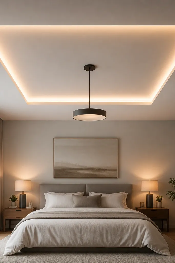 Flat ceiling with a single large recessed center panel and subtle LED glow