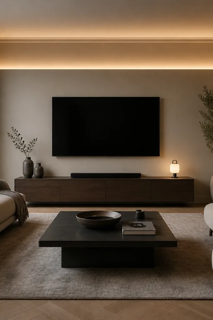 Ceiling border aligned with TV wall with recessed LED strip lighting