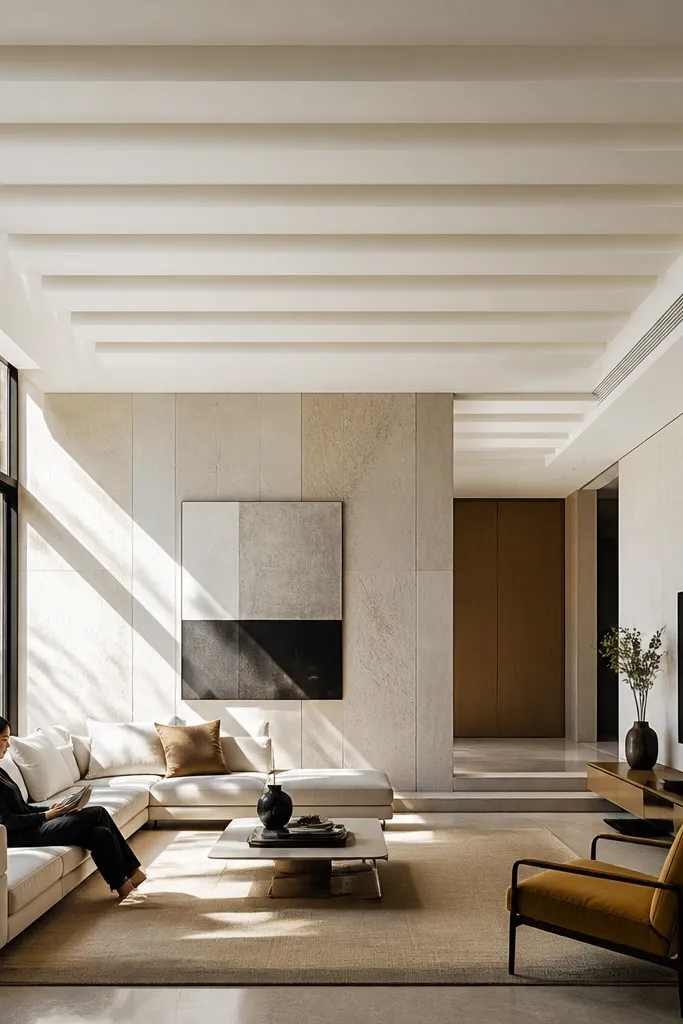 Ceiling with offset step panels creating a subtle diagonal illusion