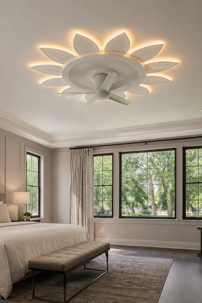 Round ceiling medallion with small petal segments and LED glow