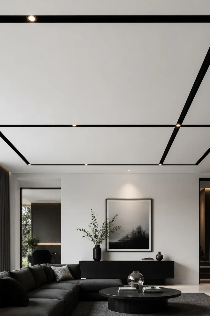 White ceiling with thin black channels tracing a geometric pattern and warm LED glow