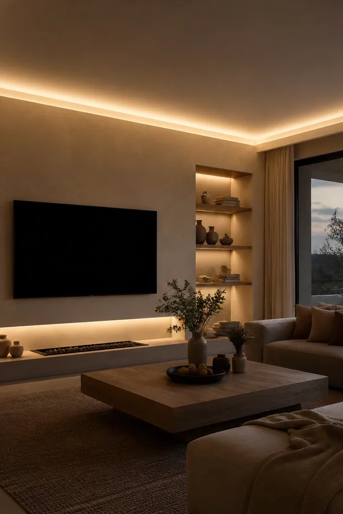 Ceiling perimeter glow with a soft, diffused light band under a white diffuser panel