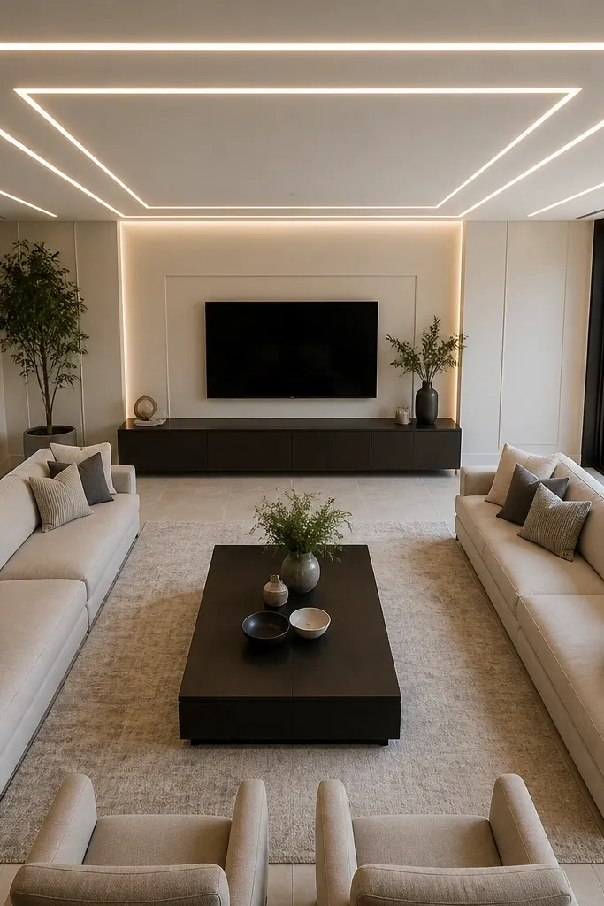 Ceiling with recessed accent lines forming a square corner pattern and small LED glow
