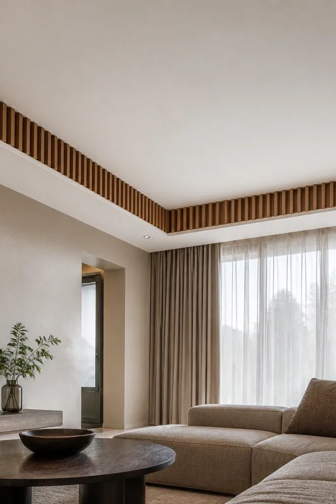 White ceiling border with vertical slat panels and hidden LED glow behind
