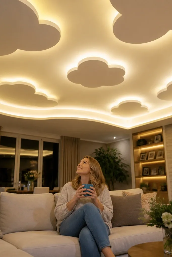 Soft curved cove with shallow recessed cloud panels and warm LED glow