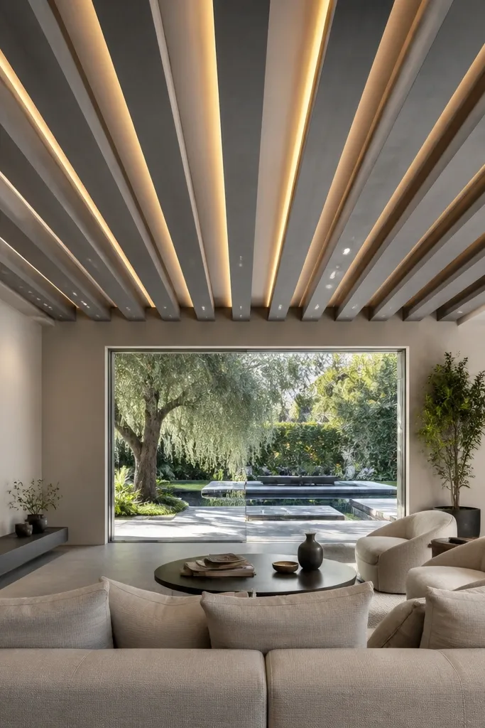 Gray floating ceiling ribs with thin LEDs running between them