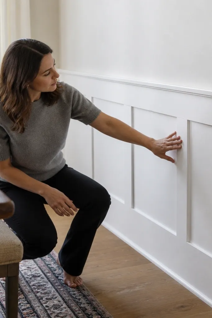 White board-and-rail wainscoting with simple square panels below a chair rail