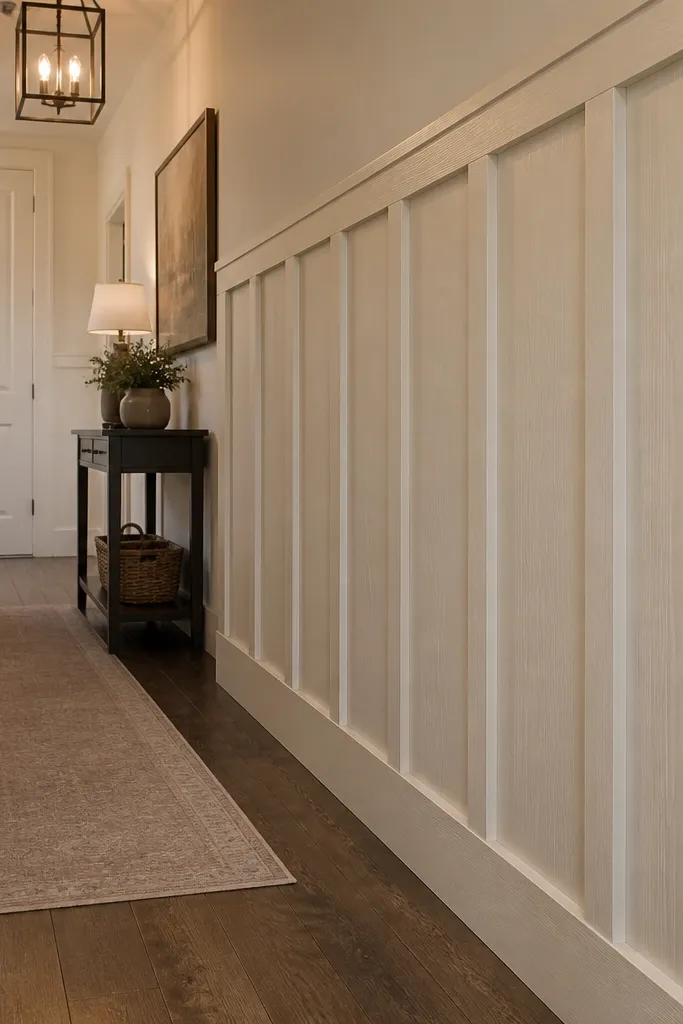 White board-and-batten wainscoting with vertical battens and a simple top rail