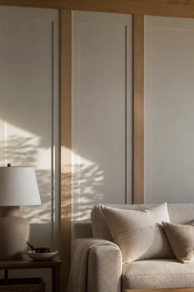 White flat-panel wainscoting with vertical stiles and a simple top rail
