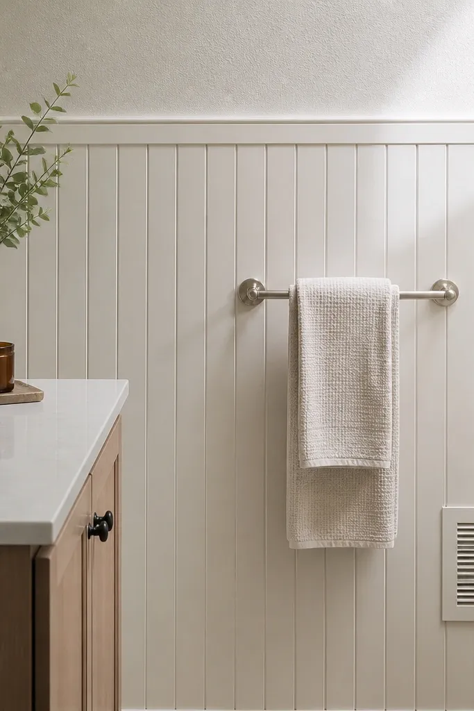 White wainscoting with small vertical bead grooves in panel sections