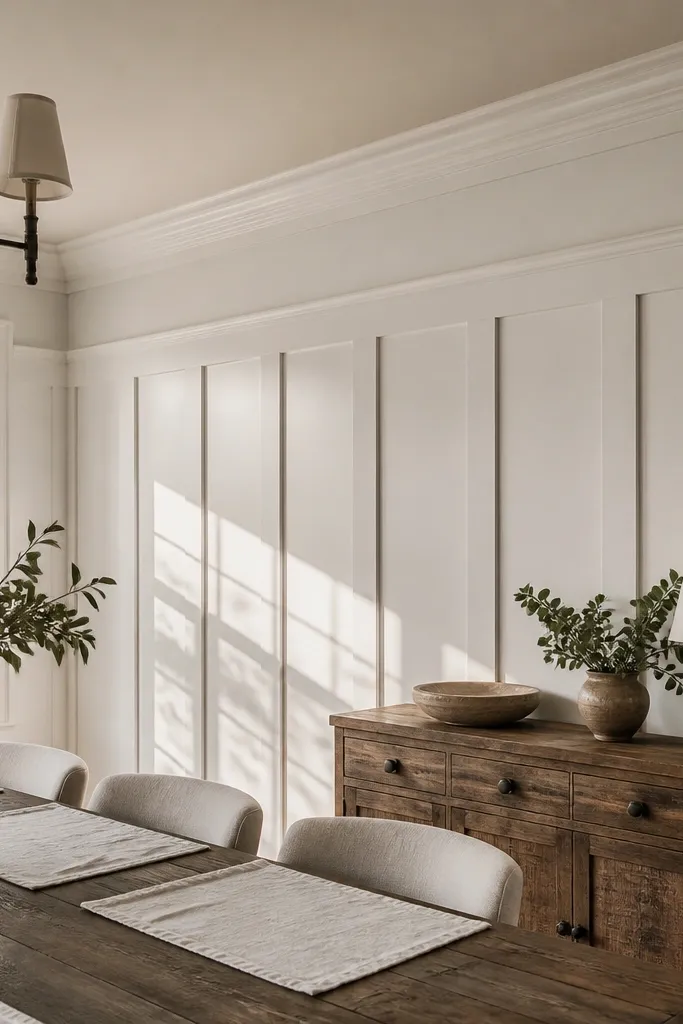 White wainscoting with a decorative crown molding top and panels below