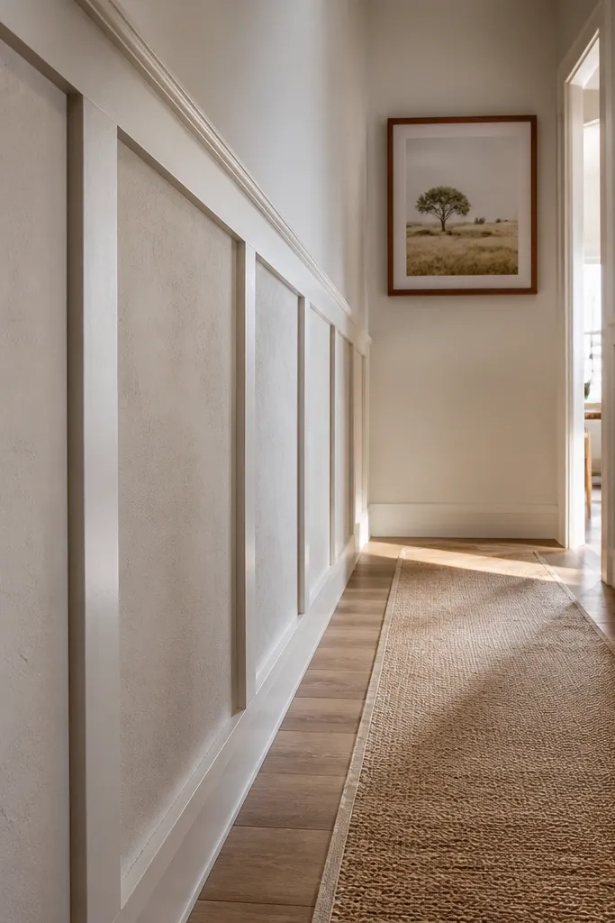 White wainscoting with rails and vertical frames, leaving open space inside panels