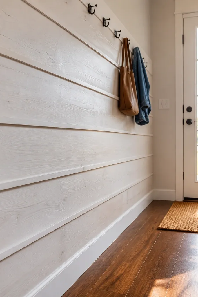White wainscoting with wider horizontal planks and a simple rail system