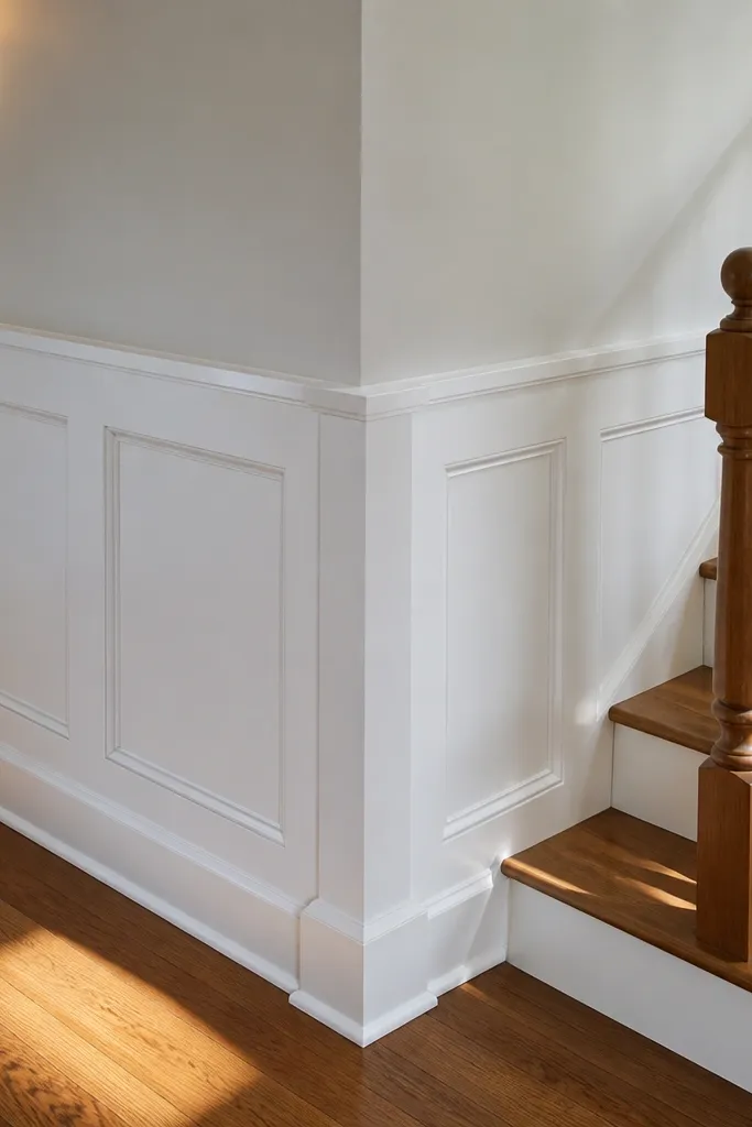 Farmhouse wainscoting with thicker corner posts and framed panels
