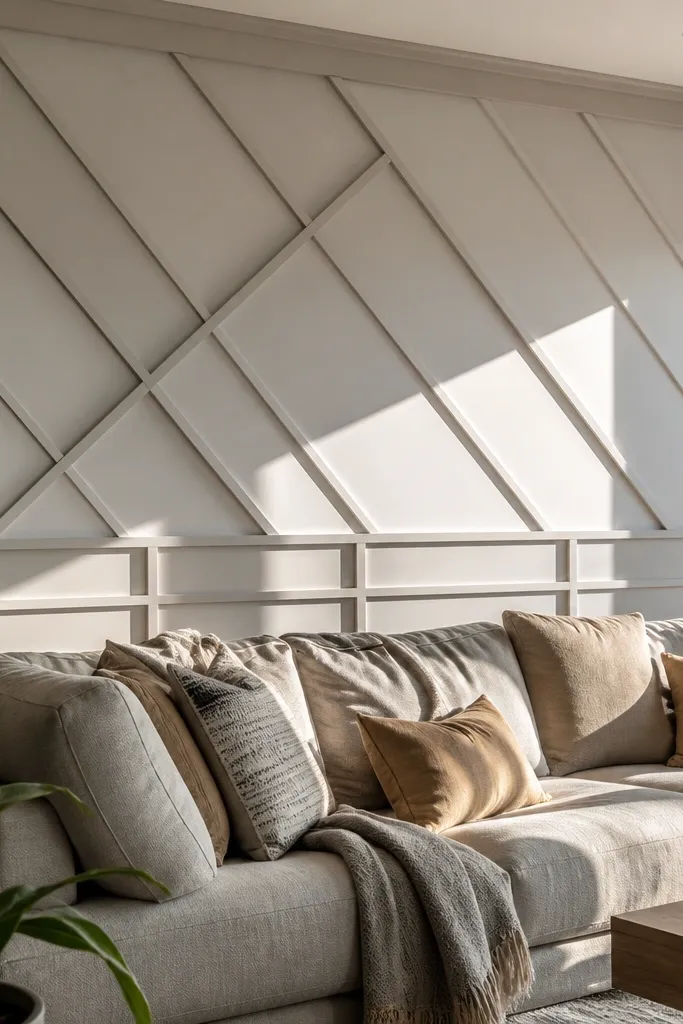 White wainscoting with diagonal panel sections across a feature wall