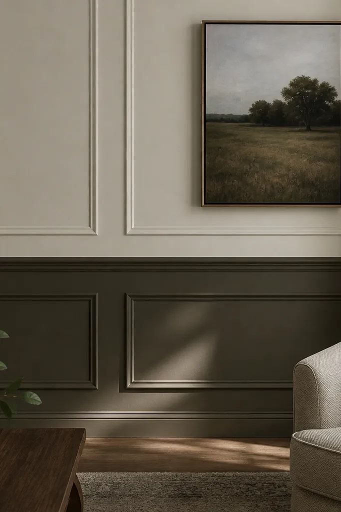 Two-tone wainscoting with a darker lower band and lighter rails and panels