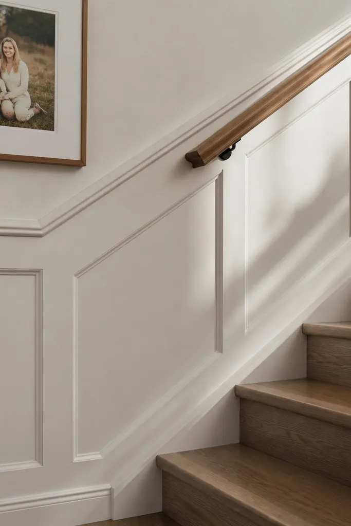 White wainscoting with framed rectangles inside a border of rails and stiles