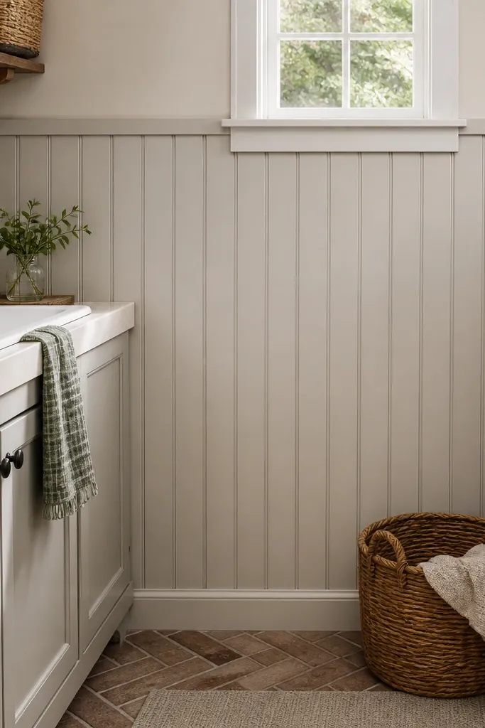 White vertical tongue-and-groove wainscoting panels with horizontal rails