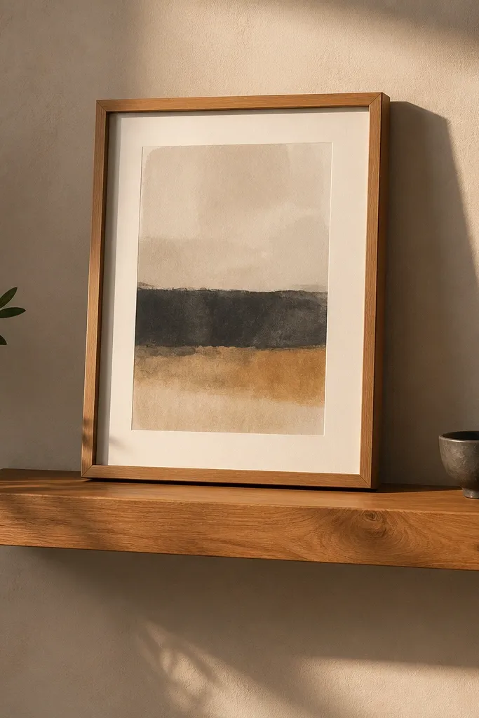Light oak shelf with a thin shadow gap and small decor pieces