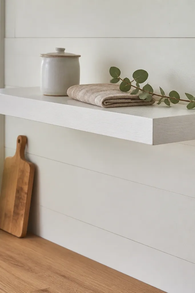 White shelf with a subtle textured look and small vases