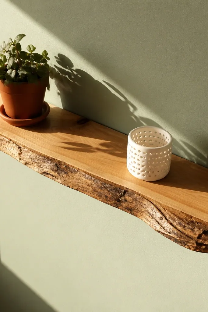 Natural live-edge pine shelf with a dark bracket line hidden behind