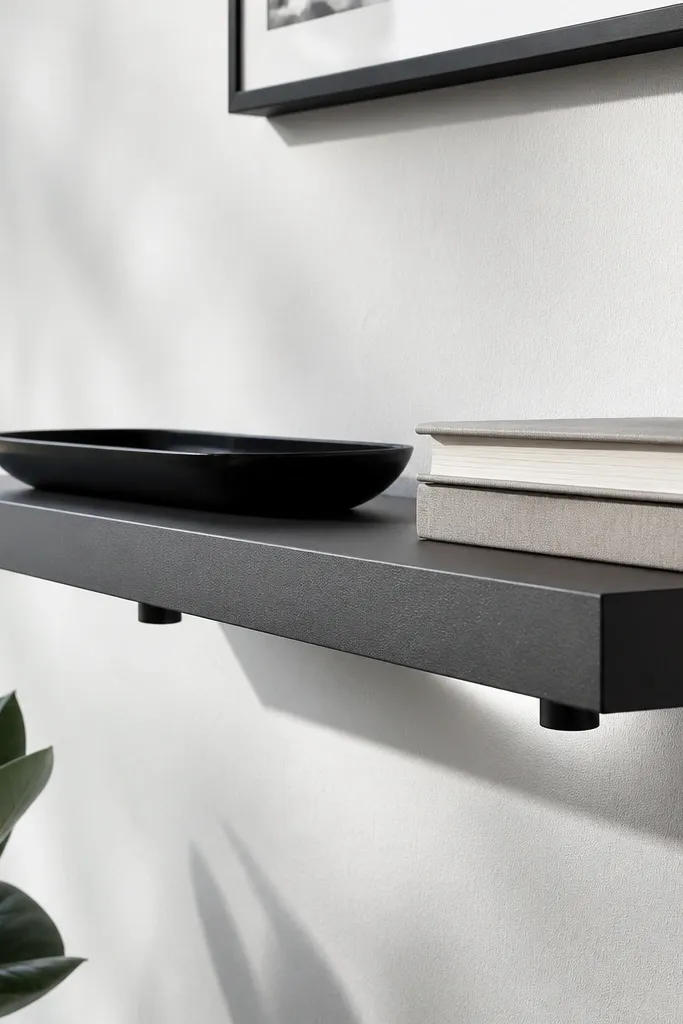 Matte charcoal shelf with a clear shadow gap from the wall