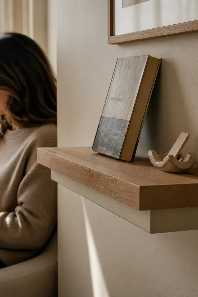 Shelf with natural wood top and painted underside, plus small framed items