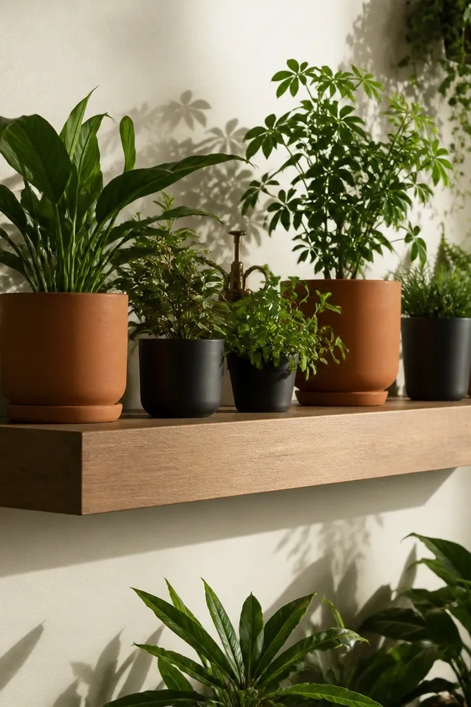 Long deep shelf holding potted plants and a ceramic vase