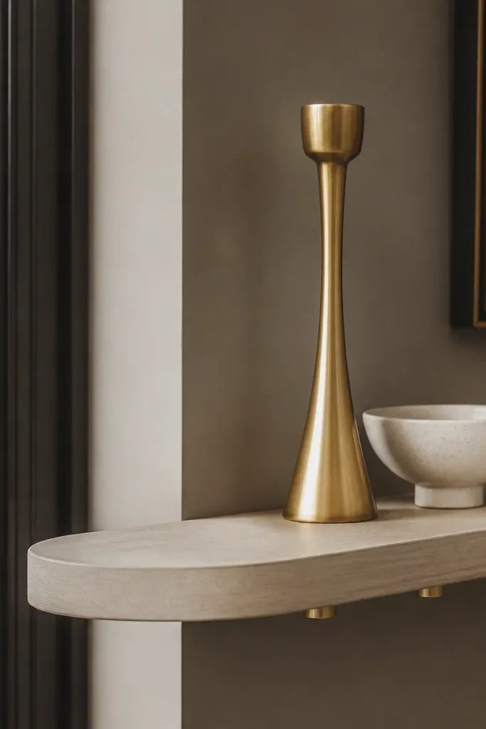 Wood shelf with rounded front edge and subtle brass hardware behind