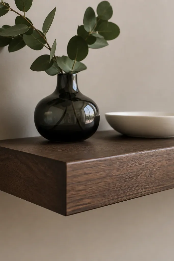 Walnut shelf with tiny bevel on the front edge and dark decor