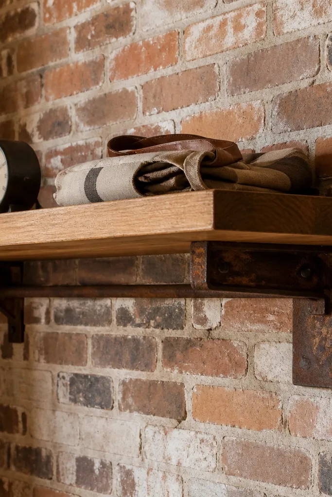 Industrial shelf with dark metal brackets and a stained wooden top