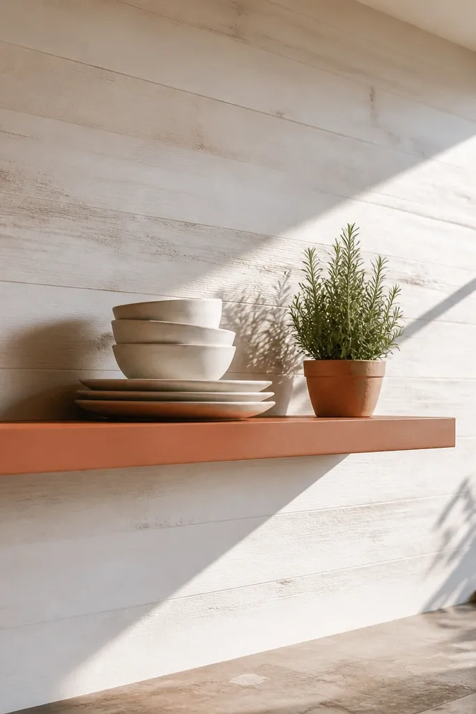 Terracotta painted shelf with a lighter wood backing behind it