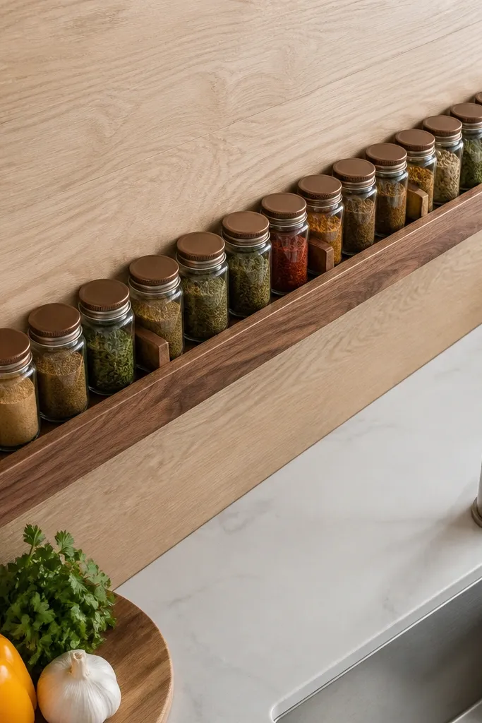 Small floating shelf with dividers holding jars neatly