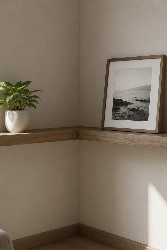 Floating shelf in a room corner with clean continuous shadow gap