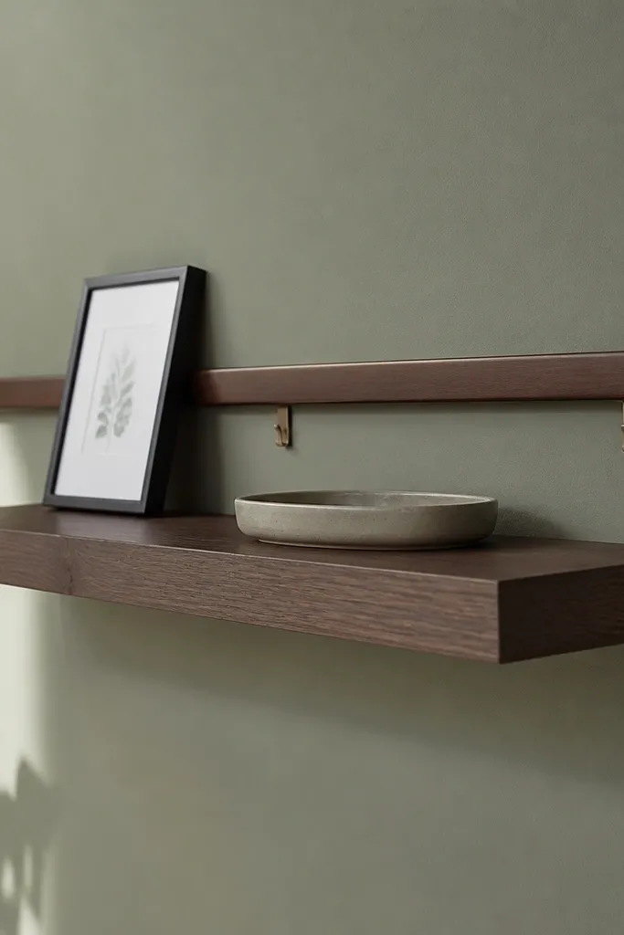 Shelf with a thin rail on the back holding small frames